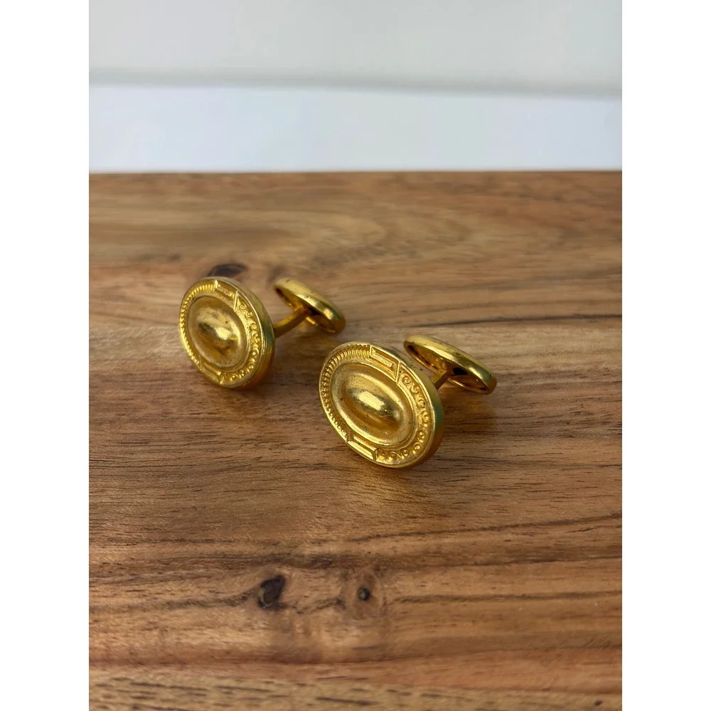 Vintage Curved Cufflinks Gold Oval Etched Victorian Revival Formal Wedding Metal